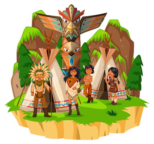 Indios nativos americanos en sus carpas. vector