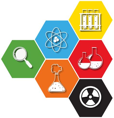 Science symbols on hexagon background vector