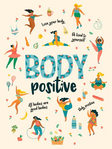 Body positive. Happy plus size girls and active healthy lifestyle. vector