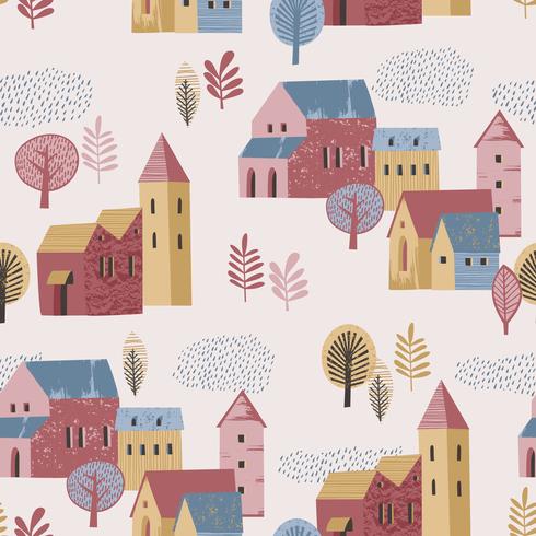 Vector illustration of city in the rain. Autumn mood. Seamless pattern.
