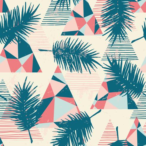 Seamless exotic pattern with tropical palm leaves on geometric background. vector