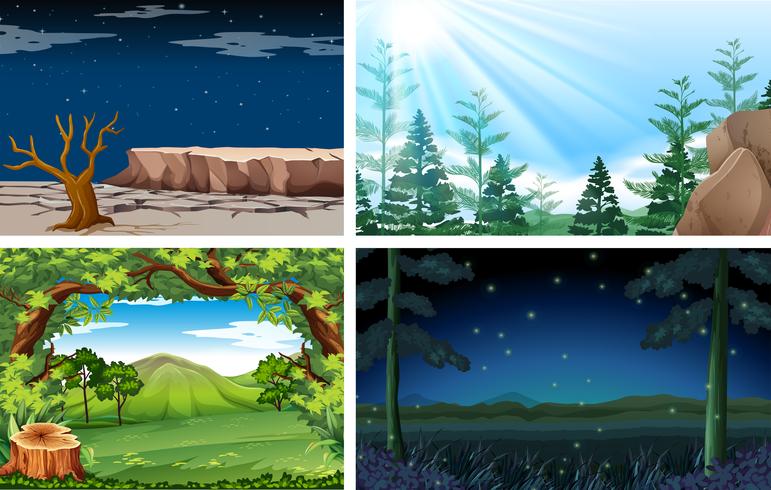 Cuatro diferentes naturaleza día y noche escena vector