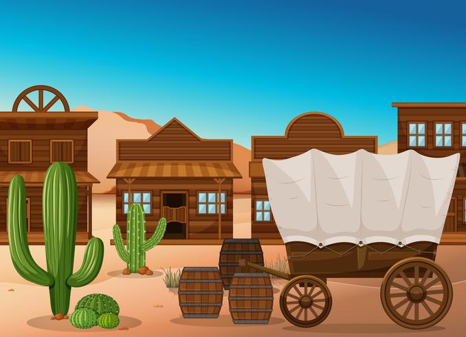 Wooden wagon and building in desert vector