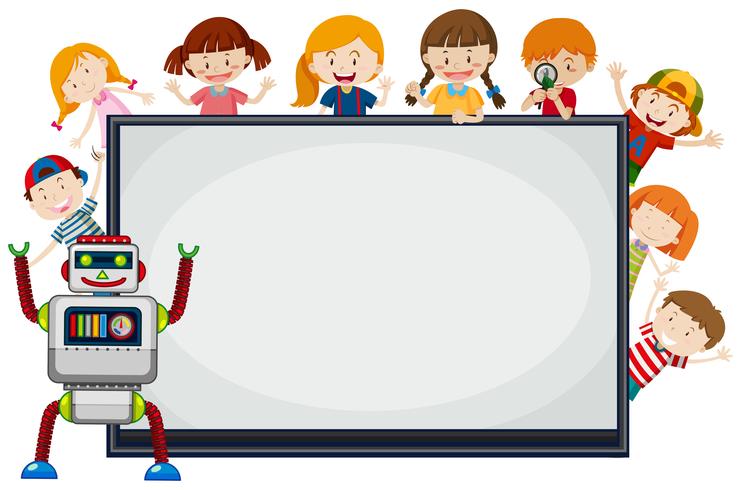 Niños y robot alrededor del marco. vector