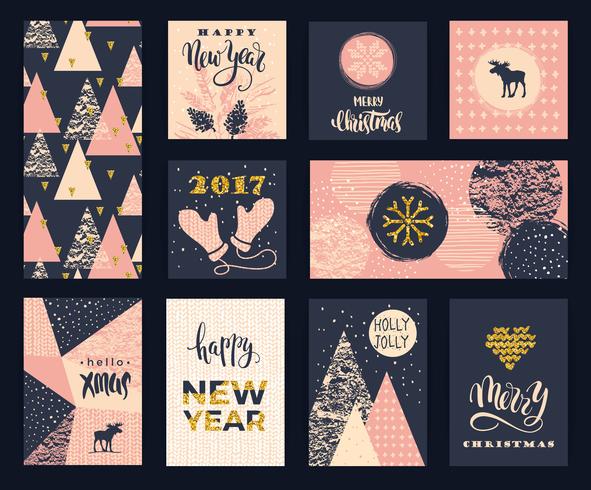 Conjunto de tarjetas creativas artísticas de feliz Navidad y año nuevo. vector