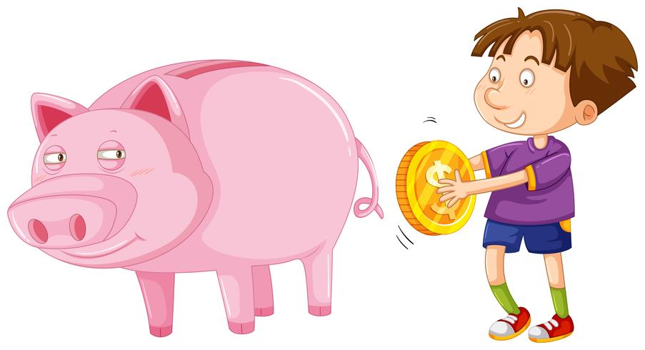 Boy with golden coin and big piggybank vector