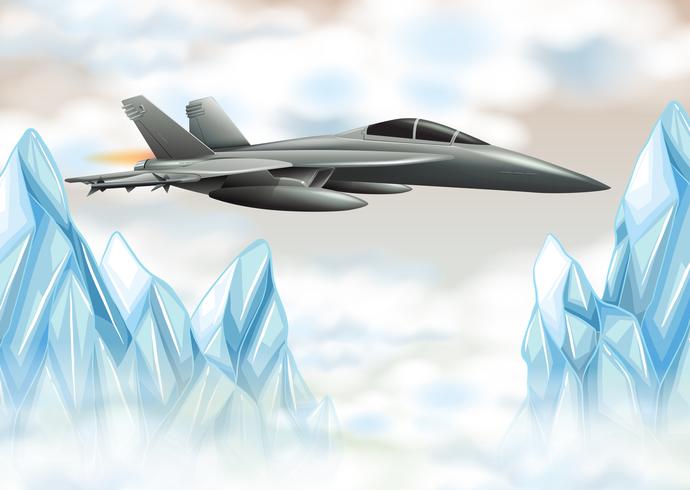 Fight jet plane flying over icy mountain vector