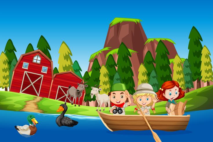 Children in a boat farm scene vector