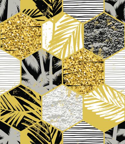 Seamless exotic pattern with palm leaves on geometric background vector