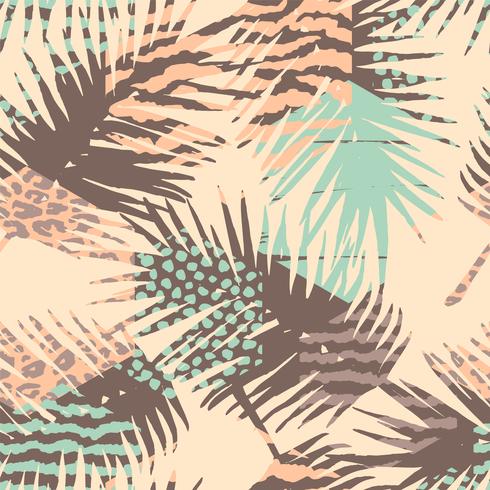 Abstract seamless pattern with animal print, tropical plants and geometric shapes. vector