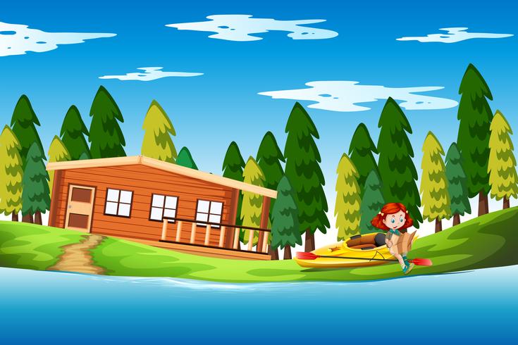 Girl on holiday lake house vector