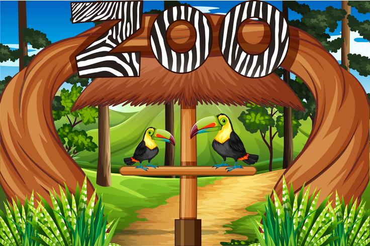 Zoo entrance with two toucan birds vector