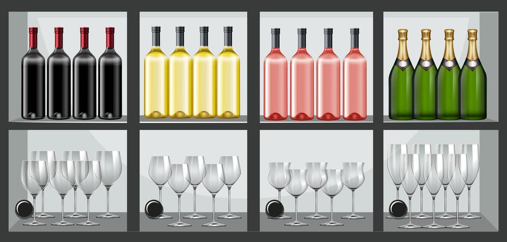 Shelf full of bottles and wine glasses vector