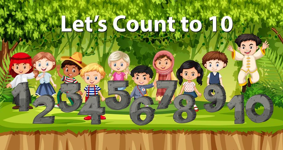 Multicultural children and number in jungle background vector