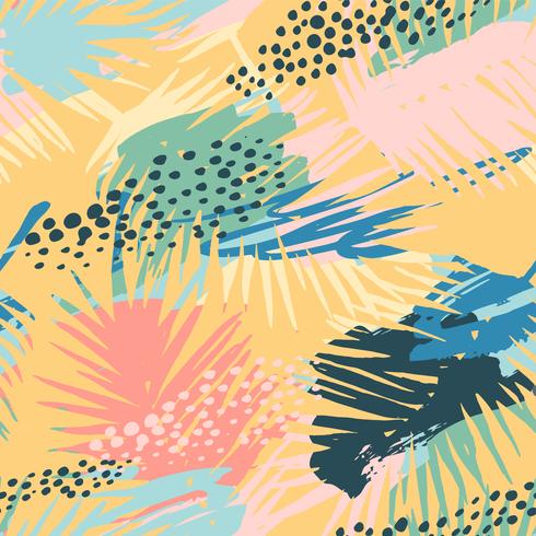 Seamless exotic pattern with tropical plants and artistic background. vector