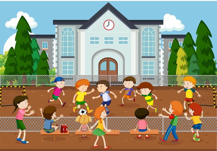 Children playing soccer outside vector