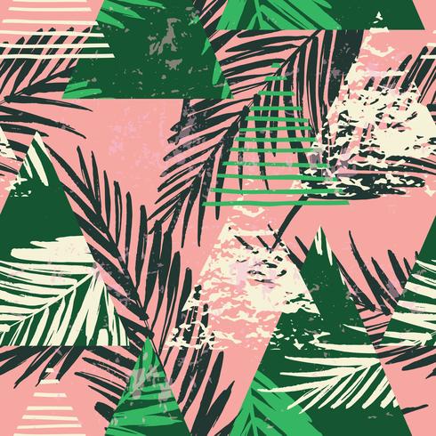 Seamless exotic pattern with palm leaves on geometric background vector