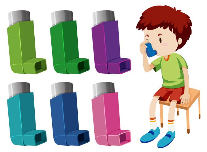 Boy with asthma with different asthma inhalers vector