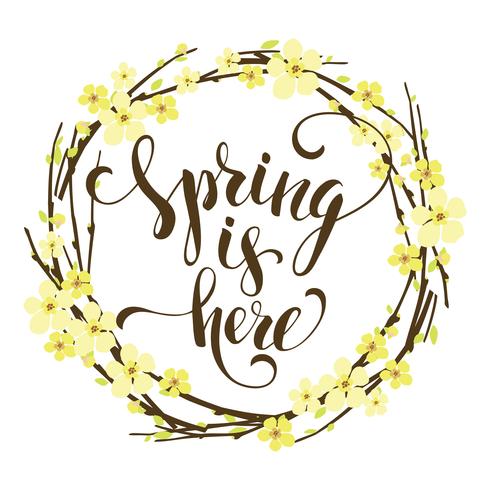 Sping is here. Lettering design with flowering branches. vector