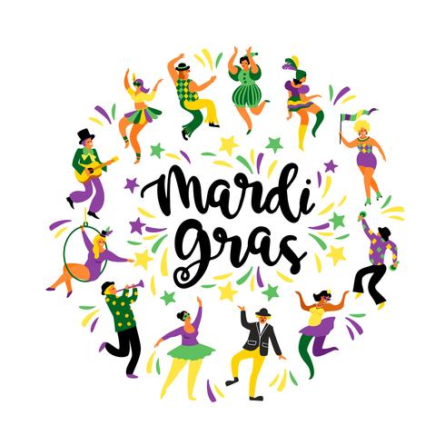 Mardi Gras. Vector illustration of funny dancing men and women in bright costumes