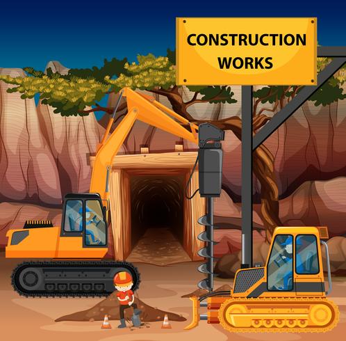 Construction works scene with driller and bulldozer vector