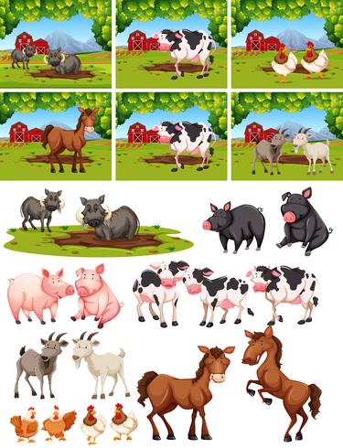 Conjunto de animales en granja vector