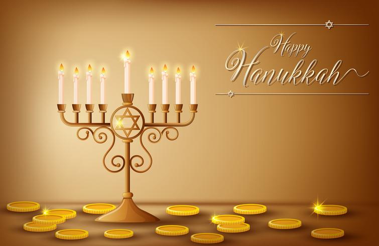 Plantilla de tarjeta de feliz Hanukkah con monedas y luces vector