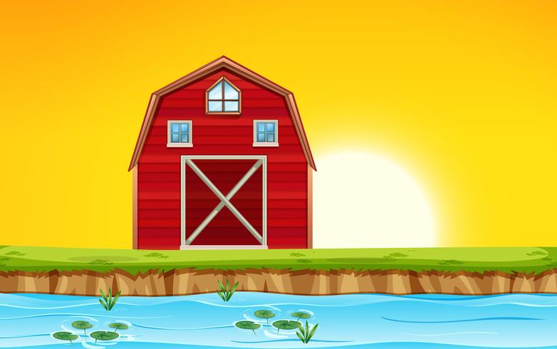 Red barn scene sunset vector