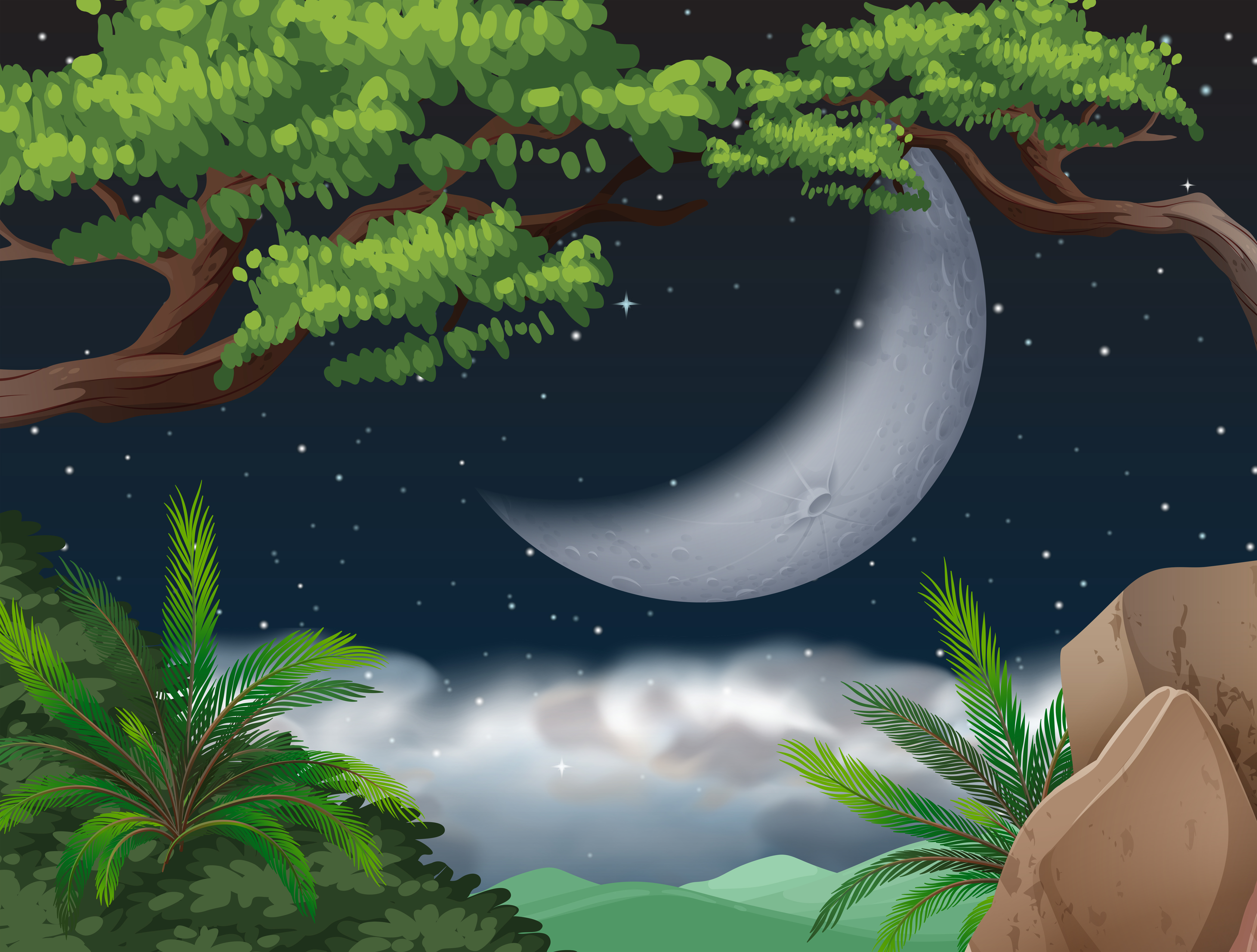 Cresent moon over jungle 296825 Vector Art at Vecteezy