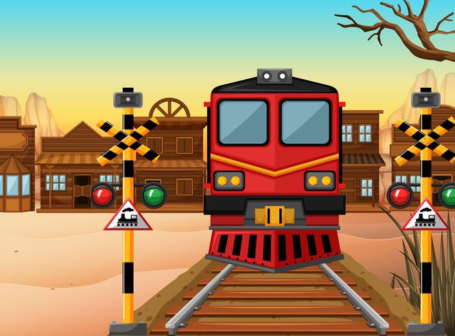 Tren en la vía al pueblo occidental. vector