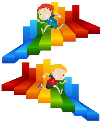 Niño corriendo en la escalera de colores vector