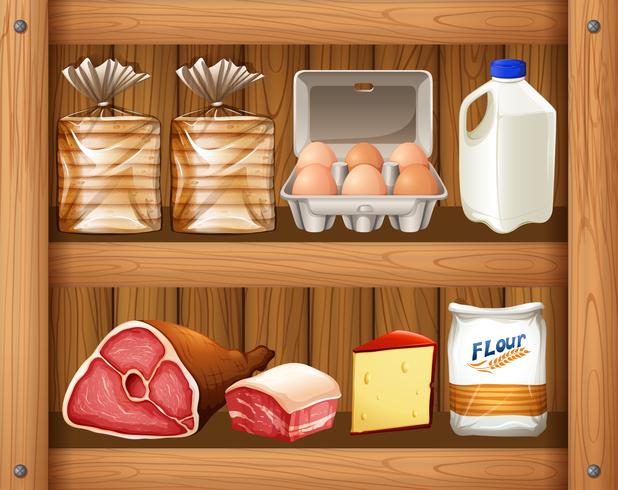 Diferentes tipos de comida en estante de madera vector