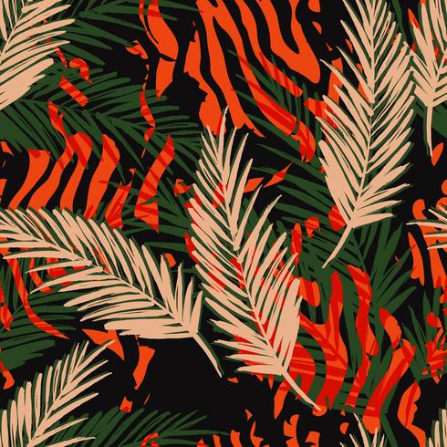 Seamless exotic pattern with palm leaves and animal pattern. vector
