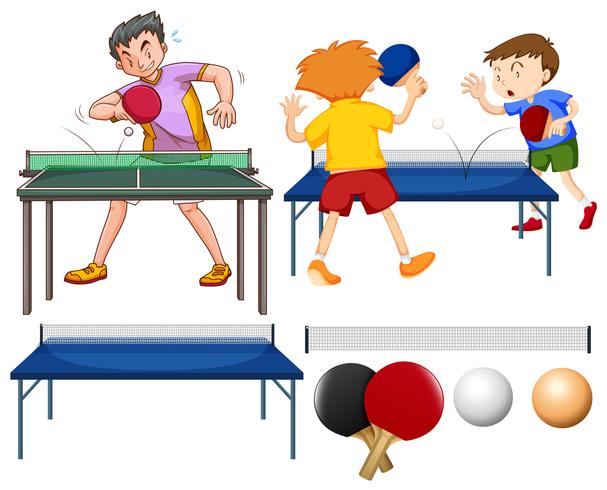 Table tennis set with players and equipments vector