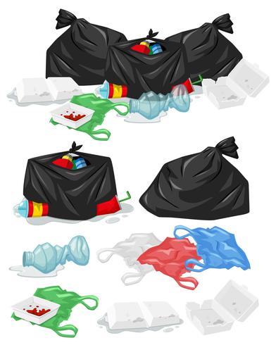 Muchos montones de basura con bolsas de plástico y botellas. vector