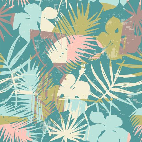 Seamless exotic pattern with tropical plants and artistic background. vector