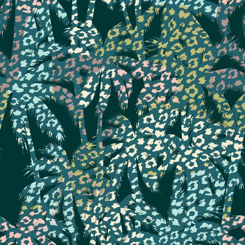 Trendy seamless exotic pattern with palm, animal prints and hand drawn textures. vector