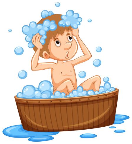 Boy taking bath in wooden tub vector