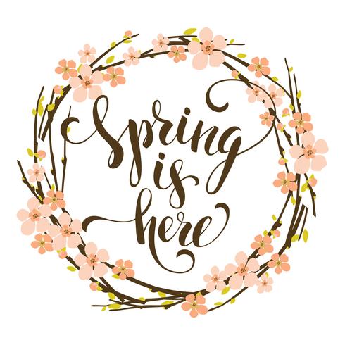 Sping is here. Lettering design with flowering branches. vector