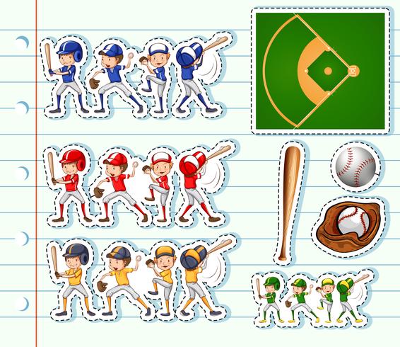 Diseño de pegatinas para jugadores de béisbol y campo. vector