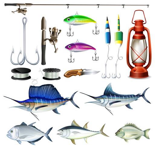 Set de pesca con equipamiento y peces. vector