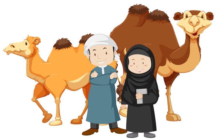 Two islam people and camels vector