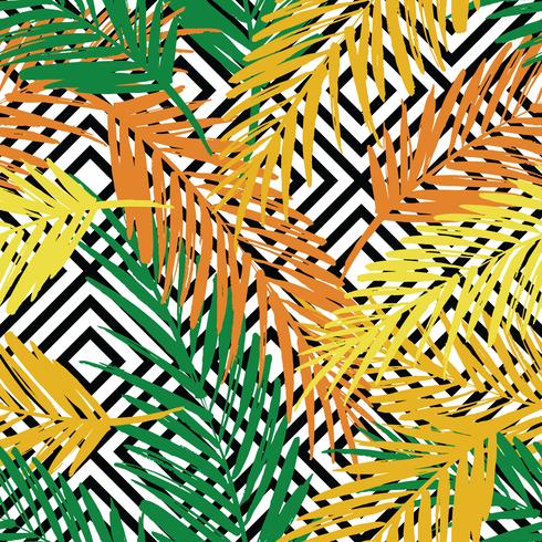 Seamless exotic pattern with palm leaves on geometric background. vector