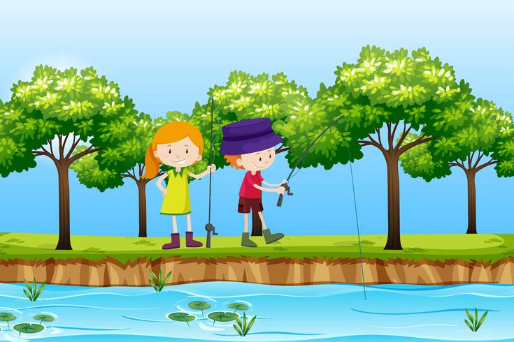 Two children fishing lake scene vector