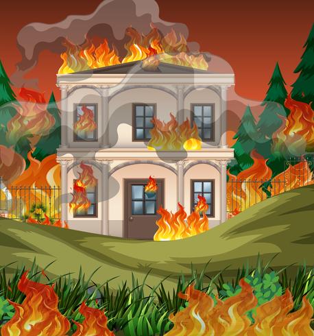 Fuego destruye mansión de fondo vector