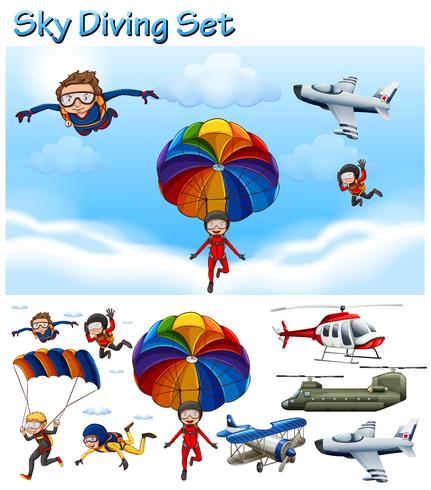 Sky diving set with people and equipment vector