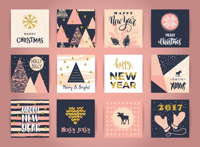 Conjunto de tarjetas creativas artísticas de feliz Navidad y año nuevo. vector