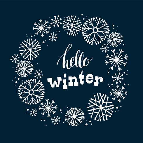 Diseño de letras del invierno en fondo de la nieve con el marco dibujado mano del copo de nieve. vector