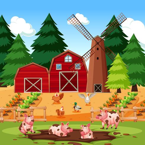 Escena de la granja con animales y cultivos. vector