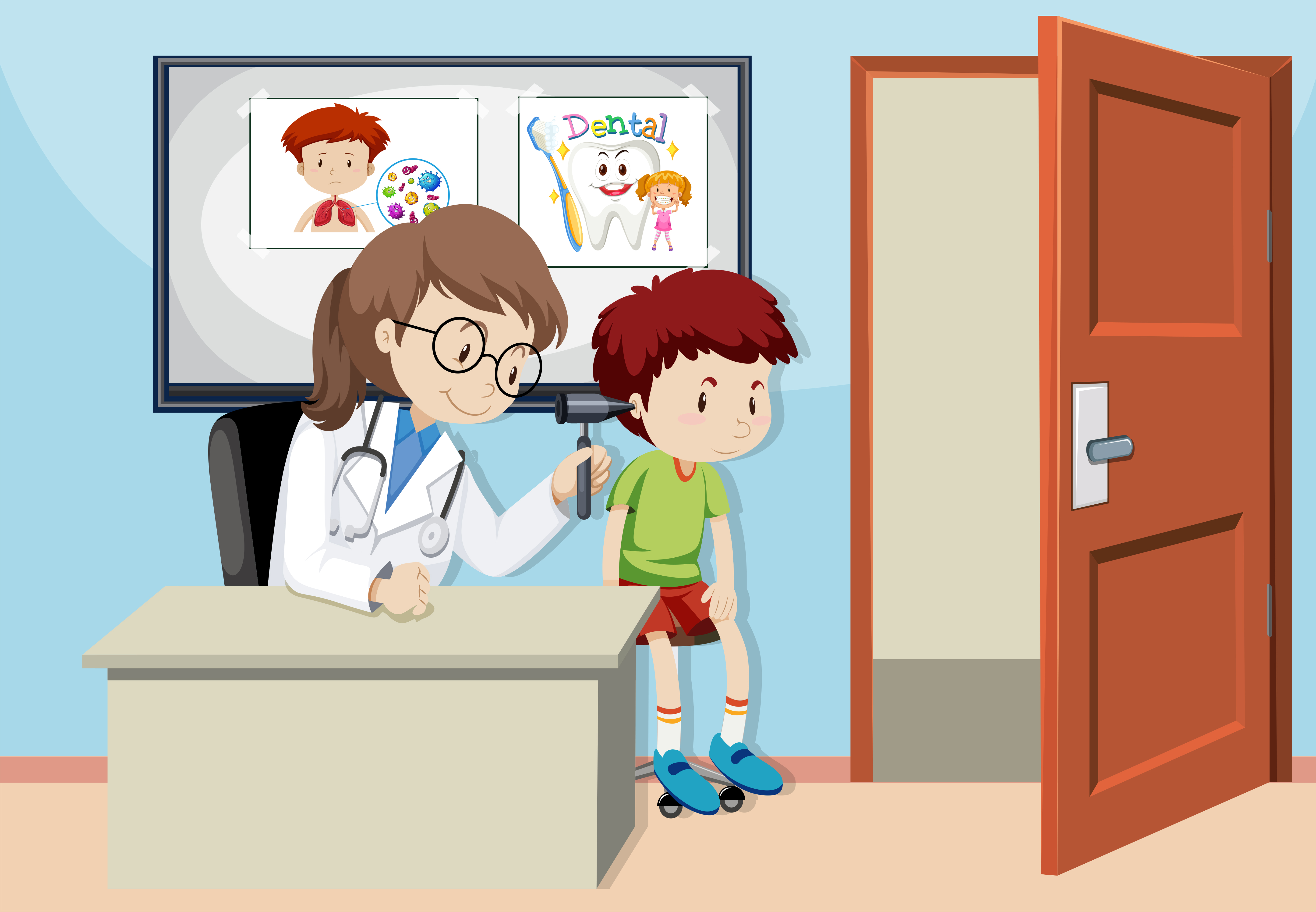 A Kids Checking Ear With Doctor 297087 Vector Art At Vecteezy